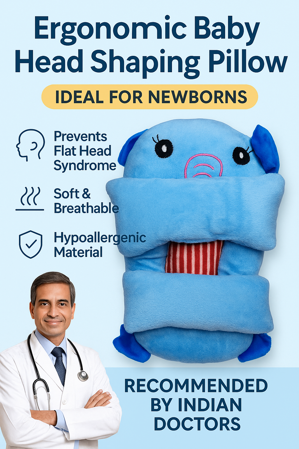 Ergonomic Baby Head Shaping Pillow – Ideal for Newborns (BLUE, WHITE)